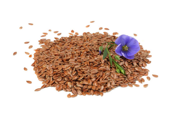 istock flax seeds with flower isolated on white background. flaxseed or linseed. Cereals. 1002359054