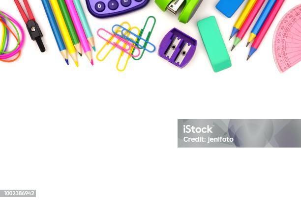 School Supplies Top Border Isolated On White Stock Photo - Download Image Now - School Supplies, White Background, Back to School