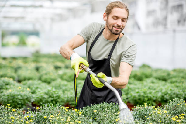 istock Worker with flowers in the greenhouse 1002418160