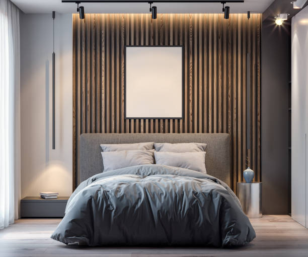 istock Mock up poster frame in bedroom interior background in modern style, 3D Rendering 1002426896