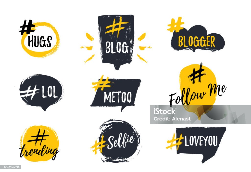Set di striscioni gorgoglianti con hashtag. parole gergali giovani alla moda. Illustrazione vettoriale - arte vettoriale royalty-free di Logo