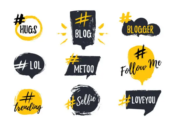 Vector illustration of Set of bubbl banners with hashtags. trendy young slang words. Vector illustration