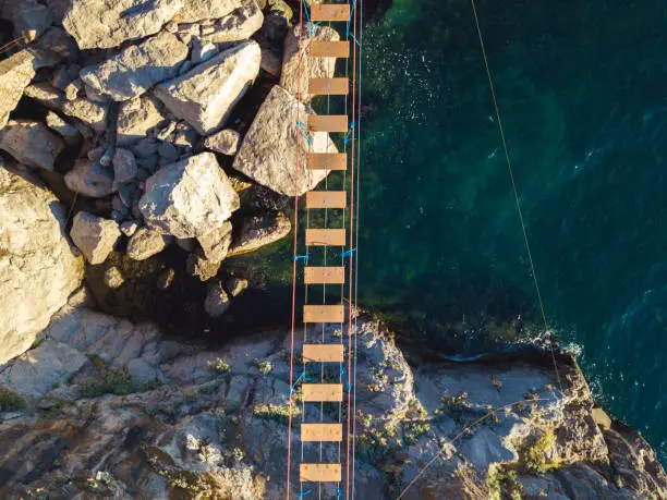 Photo of aerial view of rope bridge between the rocks over the sea and danger waves and stones