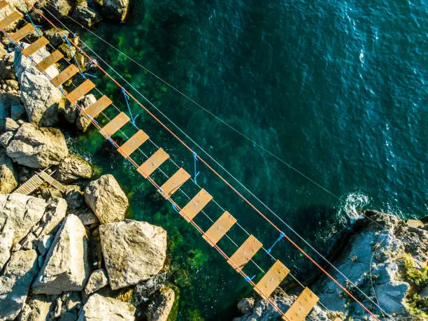 Photo of aerial view of rope bridge between the rocks over the sea and danger waves and stones