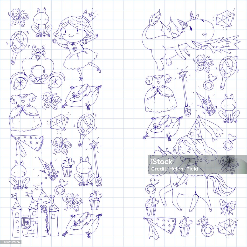 Coloring page for book. Cute little princess with unicorn and dragon. Castle for little girl, dress, magic wand. Fairy tale icons with crown and frog. Fantasy illustration Coloring page for book. Cute little princess with unicorn and dragon. Castle for little girl, dress, magic wand. Fairy tale icons with crown and frog. Fantasy illustrations Beauty stock vector