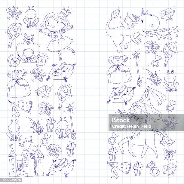 Coloring Page For Book Cute Little Princess With Unicorn And Dragon Castle For Little Girl Dress Magic Wand Fairy Tale Icons With Crown And Frog Fantasy Illustration Stock Illustration - Download Image Now