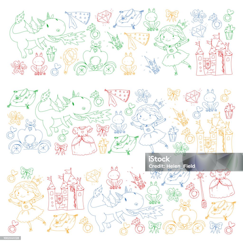 Princess vector patterns. Cute little princess with unicorn and dragon. Castle for little girl, dress, magic wand. Fairy tale icons with crown and frog. Fantasy illustration Princess vector patterns. Cute little princess with unicorn and dragon. Castle for little girl, dress, magic wand. Fairy tale icons with crown and frog. Fantasy illustrations Beauty stock vector