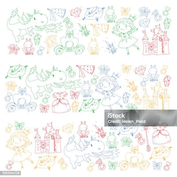 Princess Vector Patterns Cute Little Princess With Unicorn And Dragon Castle For Little Girl Dress Magic Wand Fairy Tale Icons With Crown And Frog Fantasy Illustration Stock Illustration - Download Image Now