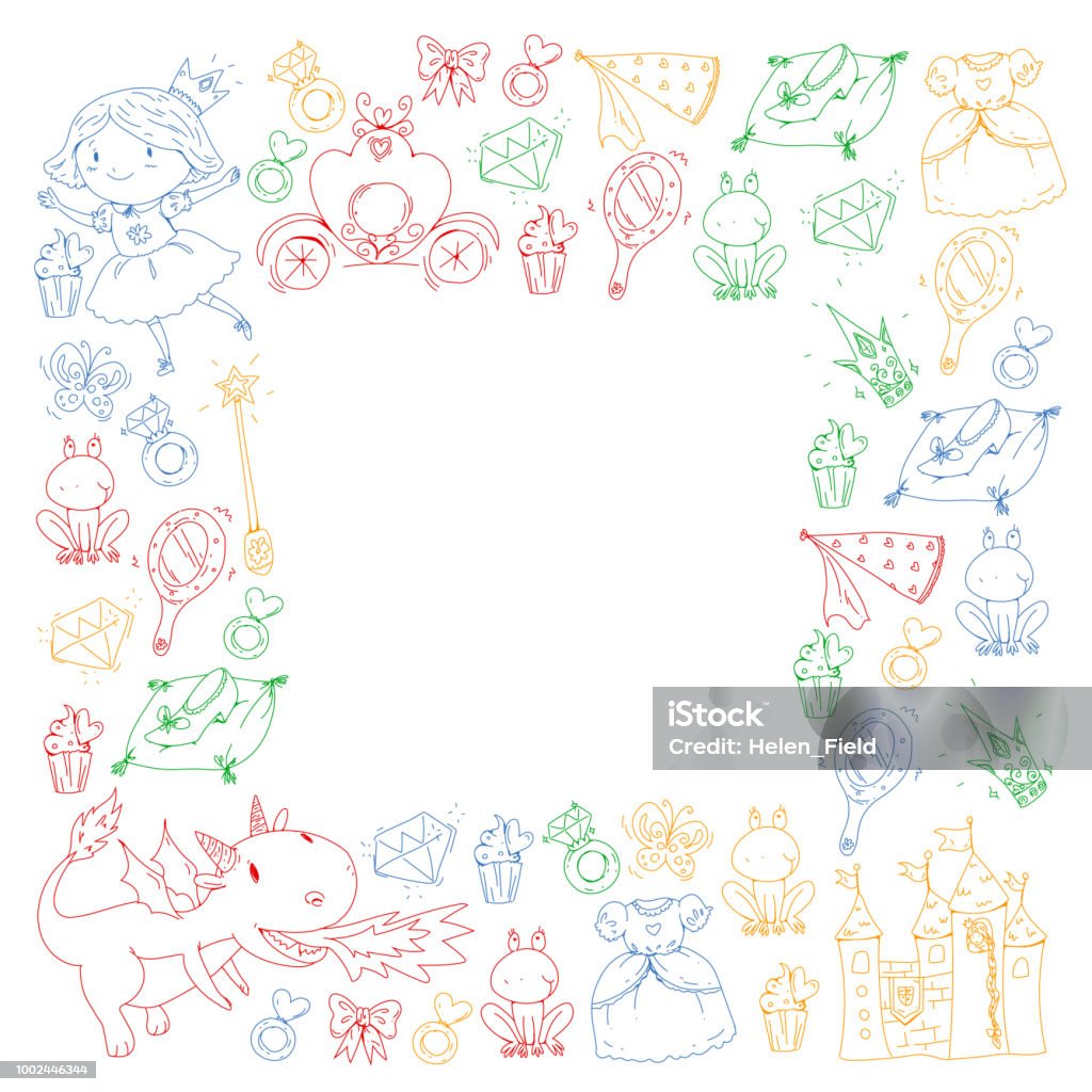 Princess vector patterns. Cute little princess with unicorn and dragon. Castle for little girl, dress, magic wand. Fairy tale icons with crown and frog. Fantasy illustration Princess vector patterns. Cute little princess with unicorn and dragon. Castle for little girl, dress, magic wand. Fairy tale icons with crown and frog. Fantasy illustrations Beauty stock vector