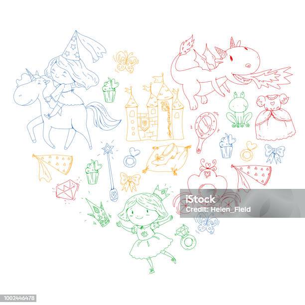 Princess Vector Patterns Cute Little Princess With Unicorn And Dragon Castle For Little Girl Dress Magic Wand Fairy Tale Icons With Crown And Frog Fantasy Illustration Stock Illustration - Download Image Now