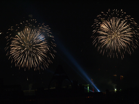 A chic salute in the night sky with large balls of explosions scattering into fiery sprays and slowly falling down.