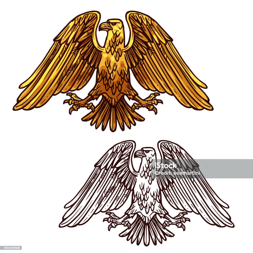 Heraldic eagle symbol of power and strength vector Vector sketch silhouette of heraldic eagle. Bird symbolizes perspicacity, courage, strength and immortality. Outline griffin eagle or falcon for tattoo or mascot design heraldic symbol of power Eagle - Bird stock vector