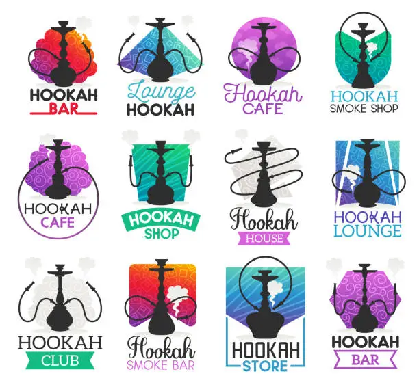 Vector illustration of Hookah lounge bar or smoke shop icons, vector