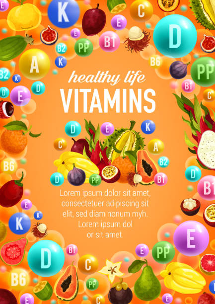 ilustraciones, imágenes clip art, dibujos animados e iconos de stock de cartel de vitaminas y minerales con el vector de frutas - feijoo