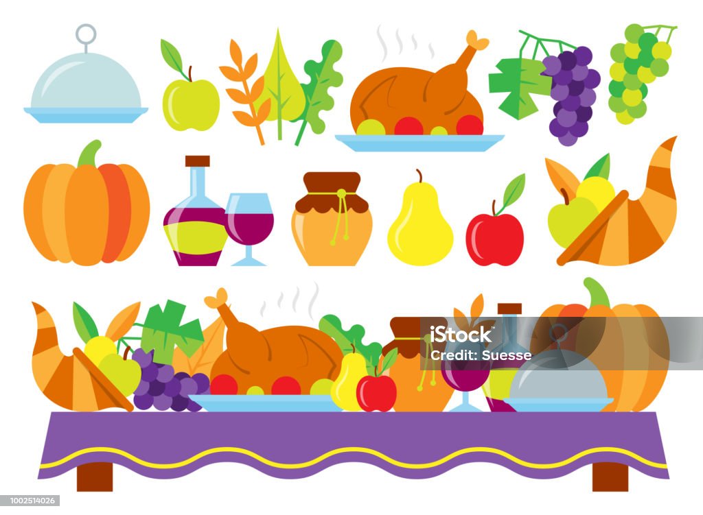 Food for thanksgiving dinner on the holiday table Colored Thanksgiving day card. Food for thanksgiving dinner on the holiday table. Nature, dishes, turkey, fruit and vegetable gift isolated on white background. Web, banner concept vector illustration Thanksgiving - Holiday stock vector