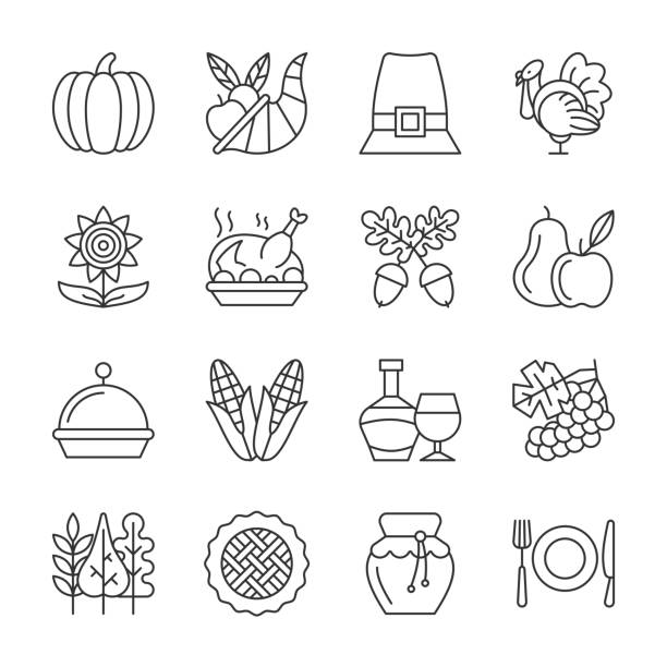 editierbare strich erntedankfest liniensymbol festgelegt - thanksgiving symbol turkey apple stock-grafiken, -clipart, -cartoons und -symbole