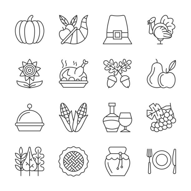 illustrazioni stock, clip art, cartoni animati e icone di tendenza di set di icone della linea del giorno del ringraziamento del tratto modificabile - vegies corn dinner crop
