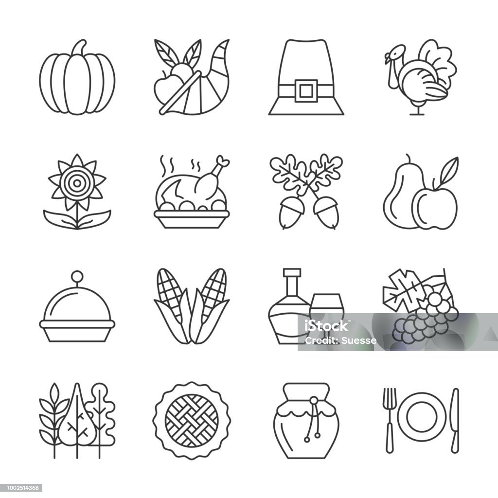 Editable stroke Thanksgiving day line icon set Thanksgiving day thin line icon set. Vector linear symbol pack. Outline sign without fill. Editable stroke. Simple pictogram graphic collection. Logo, web design, infographic business style concept Icon Symbol stock vector