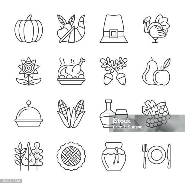 Editable Stroke Thanksgiving Day Line Icon Set Stock Illustration - Download Image Now - Icon Symbol, Thanksgiving - Holiday, Pumpkin