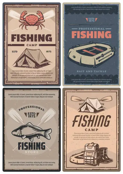 Vector illustration of Professional fishing store and camp retro posters