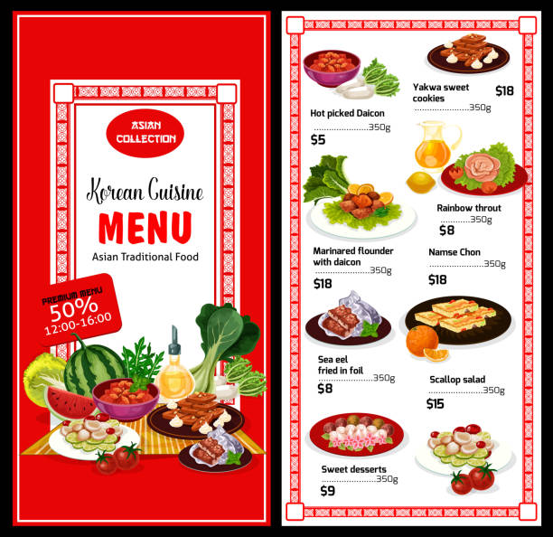 한국 요리 메뉴와 가격, 아시아 식품 포스터 - radish dikon radish vegetable exoticism stock illustrations