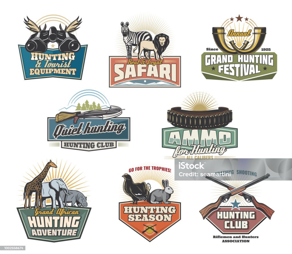 Hunting Safari Icons With Animals And Hunter Guns Stock Illustration - Download Image Now - Badge, Safari, Elephant - iStock Hunting Safari Icons With Animals And Hunter Guns Stock Illustration - Download Image Now - Badge, Safari, Elephant - iStock