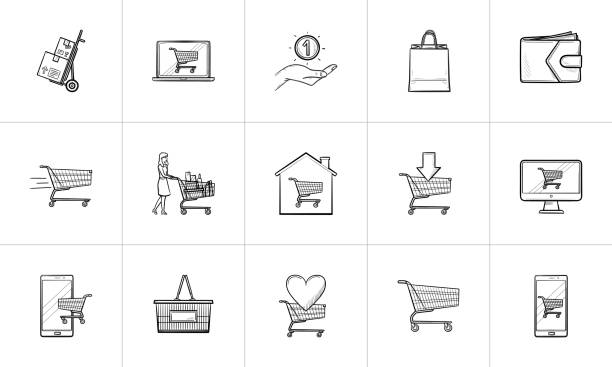 ilustrações de stock, clip art, desenhos animados e ícones de online shopping and e-commerce hand drawn outline doodle icon set - ipad shopping gift retail