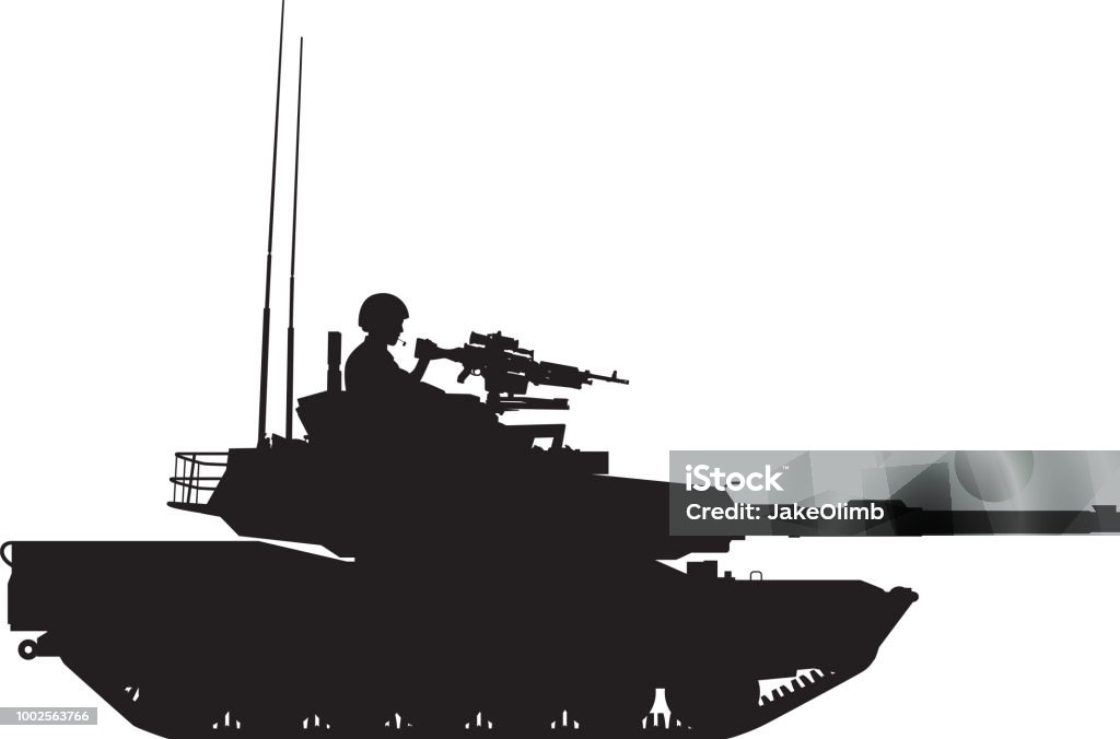 Tank with Gunner Silhouette Vector silhouette of a tank with a soldier on a machine gun. In Silhouette stock vector