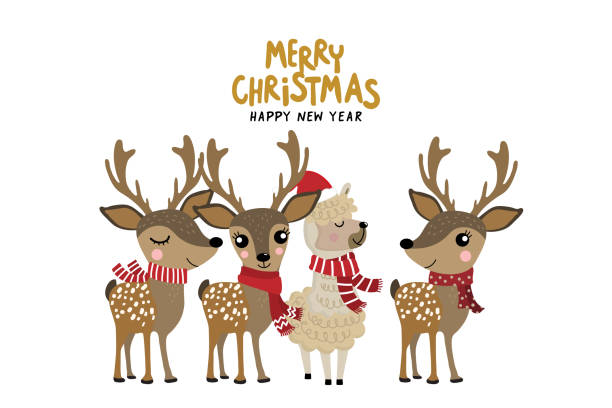 Cute alpaca and deer wear Christmas costume. Animal holiday cartoon character. Cute alpaca and deer wear Christmas costume. Animal holiday cartoon character. reindeer stock illustrations