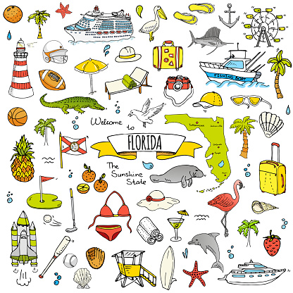 Hand drawn doodle Florida icons set. Vector illustration, isolated symbols collection of USA state, Cartoon elements Alligator Manatee Yacht Cruise sheep Fishing boat Golf American football Palm trees