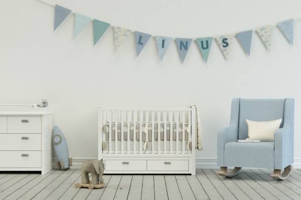 istock modern nursery with decorated Flags with name linus 1002590262