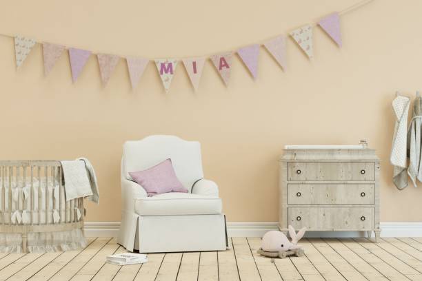 istock modern nursery with decorated Flags with name mia 1002593130
