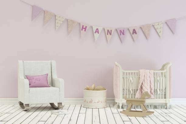 istock modern nursery with decorated Flags with name hanna 1002593212