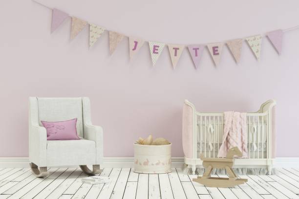 istock modern nursery with decorated Flags with name jette 1002593288