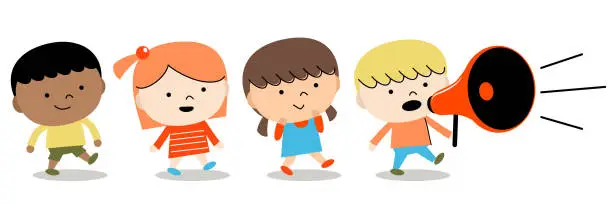 Vector illustration of Back to school: group of children boys and girls walking with megaphone