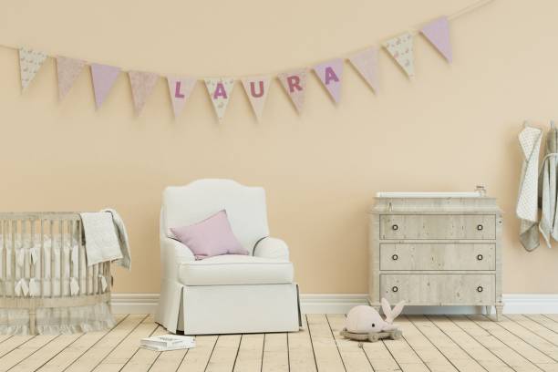 istock modern nursery with decorated Flags with name laura 1002598150