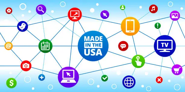 Vector illustration of Made In USA Sign Internet Communication Technology Triangular Node Pattern Background