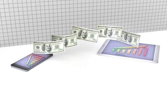 money and bar chart  on touchscreen smart phone. 3D rendering