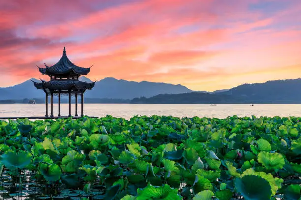 Hangzhou west lake jixian pavilion at sunset,in China
