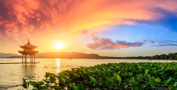 Hangzhou West Lake natural scenery at sunset,panoramic view