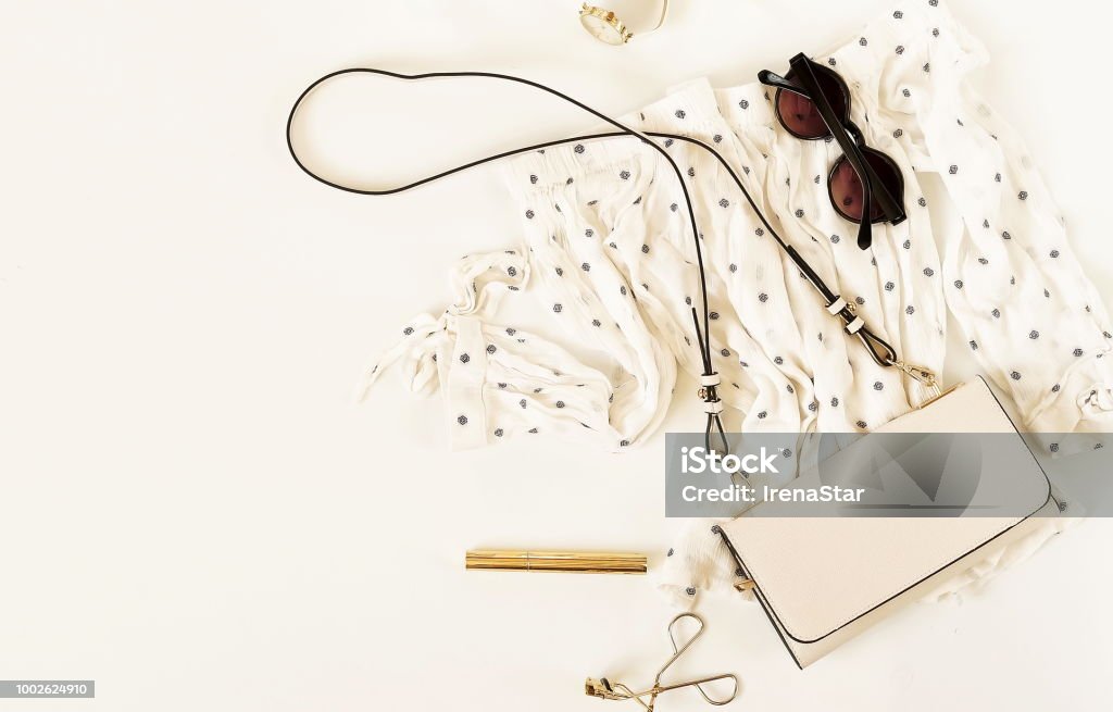 Fashion Background Woman Summer Clothes And Accessory On White Background  Womens Blouse Sunglasses Bag And Cosmetic Top View Flat Lay Copy Space  Stock Photo - Download Image Now - iStock