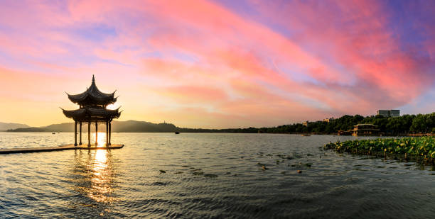 Hangzhou west lake jixian pavilion at sunset,panoramic view