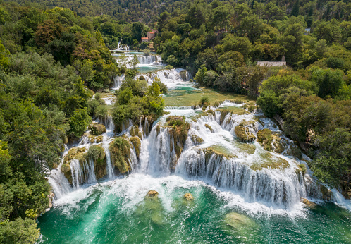 Aerial of the famous staircase waterfalls at the beautiful Krka National Park, Croatia. Converted from RAW.