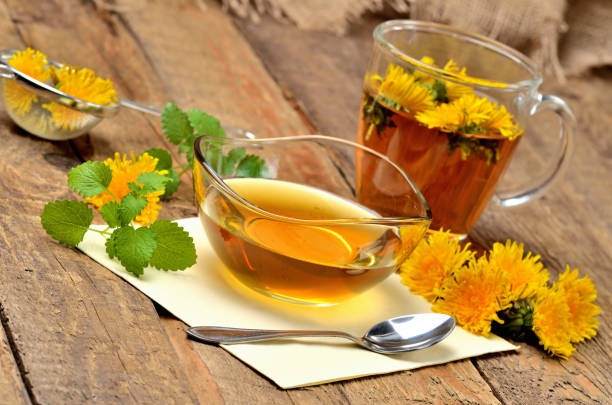 istock Dandelion honey, herbal tea, spoon, fresh mint leaves and dandelion head around 1002631608