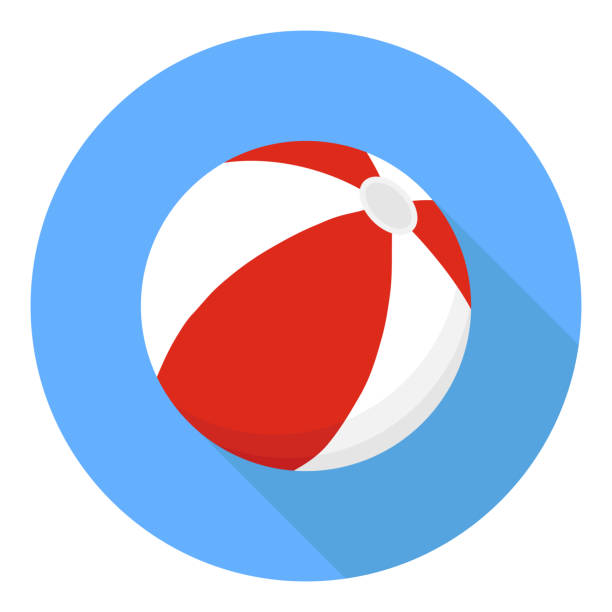 beach-ball. ein beach-ball der roten farbe auf blauem hintergrund mit einem schatten. - beach ball ball beach white stock-grafiken, -clipart, -cartoons und -symbole