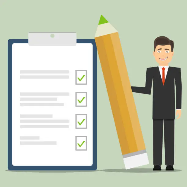 Vector illustration of The man is standing with a large pencil against the background of the completed tasks.