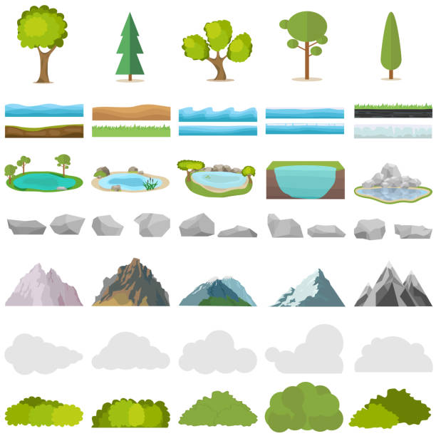 ilustraciones, imágenes clip art, dibujos animados e iconos de stock de árboles, piedras, lagos, montañas, arbustos. un conjunto de elementos realistas de la naturaleza. - grass lake