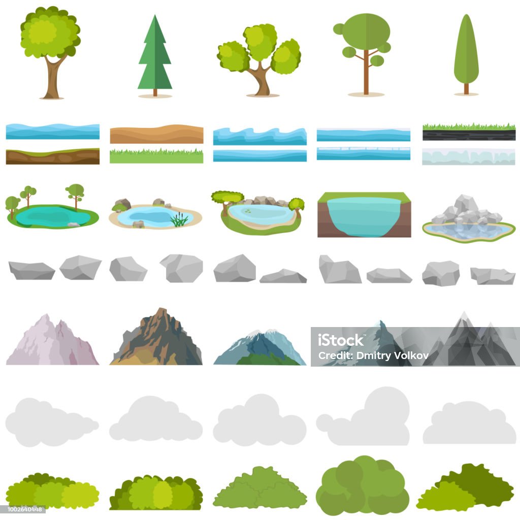Trees, stones, lakes, mountains, shrubs. A set of realistic elements of nature. Trees, stones, lakes, mountains, shrubs. A set of realistic elements of nature. Flat design, vector illustration, vector. Lake stock vector