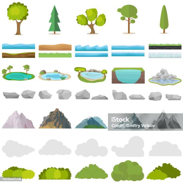 Trees Stones Lakes Mountains Shrubs A Set Of Realistic Elements Of Nature Stock Illustration - Download Image Now