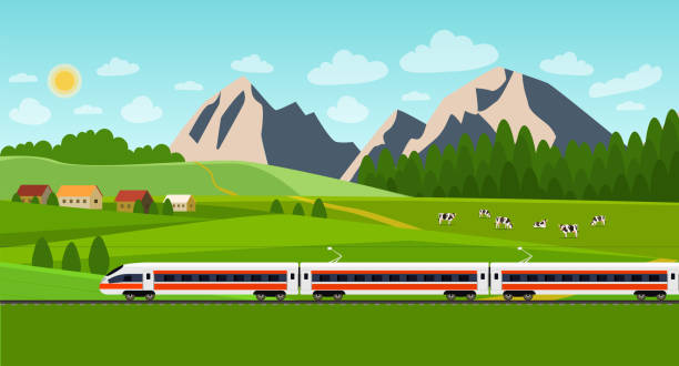 bildbanksillustrationer, clip art samt tecknat material och ikoner med tåg på järnvägen. sommar landskap med byn och flock kor på fältet. vektorillustration platt stil - travel by train